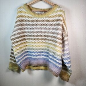 Woven Heart Womens Stripe Sweater Yellow Green  Tan Blue Purple Fuzzy Size L EUC